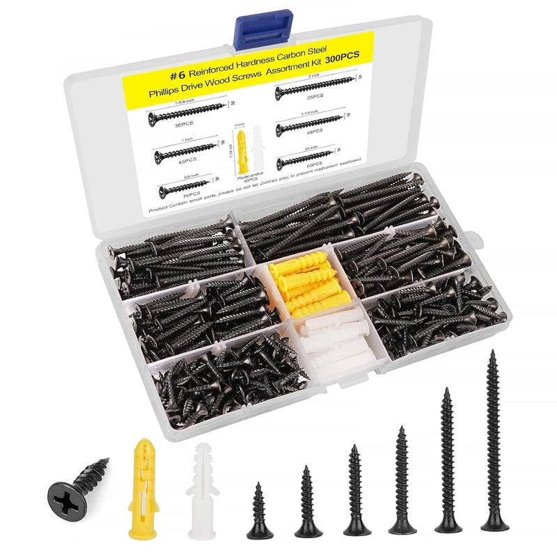 LERNOU #6 Wood Screw Assembly Kit, Phillips Drive Flat Head Self Tapping Screw Set, Kitchen Cabinet Drywall Small Screws 300 Pcs, Length 5/8" to 2", Oxide Coated Deck Black or DIY Fasteners. - Image 1